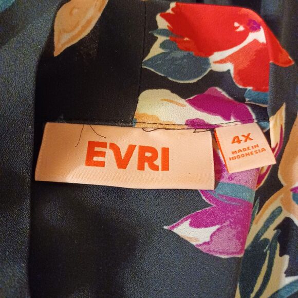 EVRI 4X Floral Tie Neck Tunic Blouse Black Red Purple Long Sleeve Semi Sheer - Picture 7 of 9